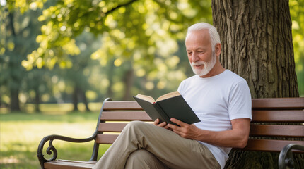 Fototapeta premium Retired man reading book on park bench. Senior citizen enjoying quiet leisure time in sunny public garden.