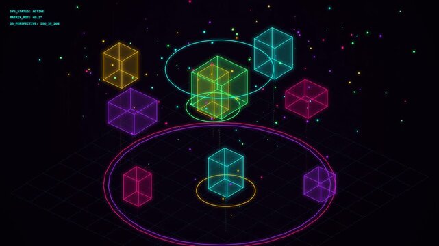 Futuristic isometric HUD UI with glowing wireframe neon cubes rotating on digital dark grid