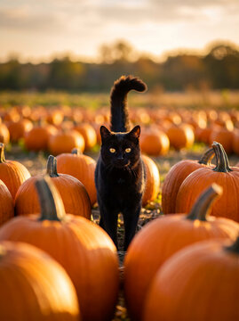 Black cat standing in a pumpkin patch during sunset