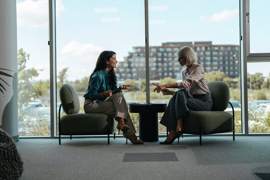Professional women discussing business during meeting in modern office
