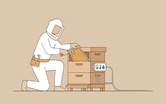 Beekeeper checking smart beehive with digital sensors