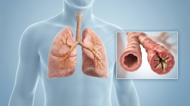 Diagram of the human respiratory system featuring inflamed bronchi and trachea.