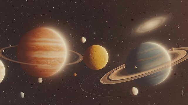 Surreal Halloween Background with Colorful Planet, Ringed Moon, Cosmic Galaxy, Glowing Starfield and Atmospheric Space Astronomy Scene for Seasonal Design