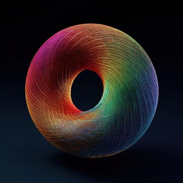 Vibrant rainbow torus shape with intricate wireframe texture against a dark studio background