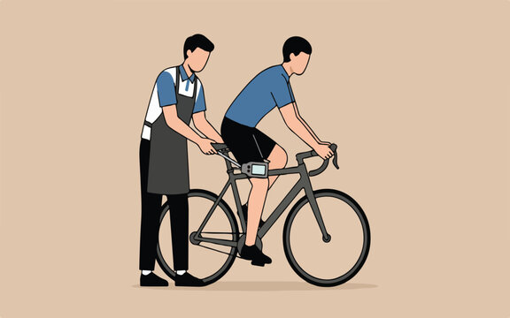 Bike fitter measuring cyclist on stationary bicycle