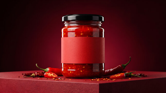 Hot Chili Sauce in Glass Jars with Spicy Red Background, Fiery Food Condiment Product Photography