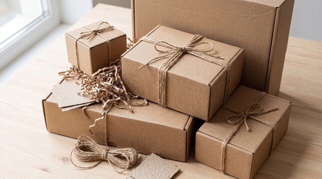 Stack of eco-friendly cardboard boxes and packaging materials on a wooden surface.