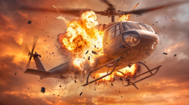Military helicopter exploding in mid-air during combat mission. Dramatic aerial view of aircraft destruction with fire and debris in sunset sky.