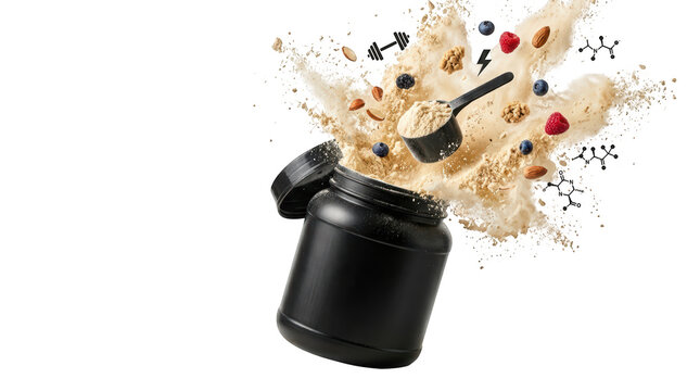 Protein powder exploding from container isolated on white isolated on transparent background