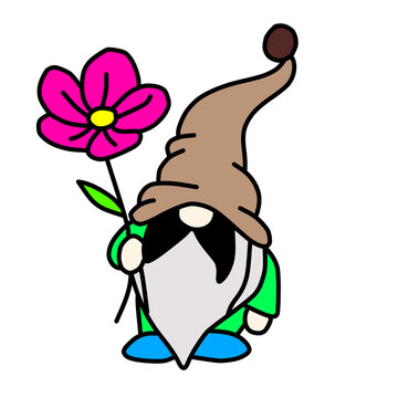 Cute gnome holding pink flower vector art.