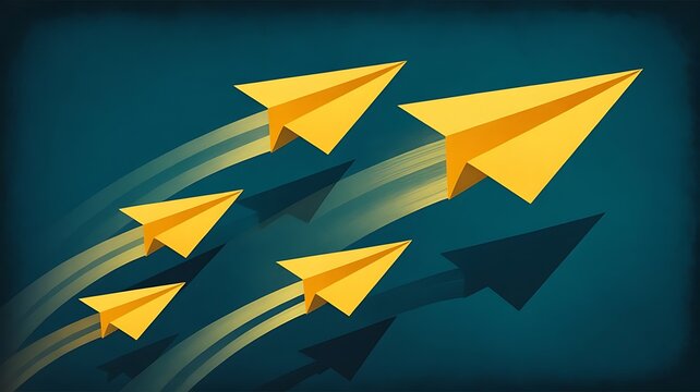 Multiple yellow paper airplanes flying together in formation representing teamwork collaboration and shared vision in corporate business strategy