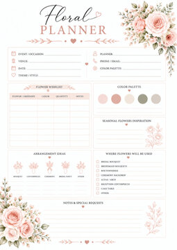 Elegant floral planner template with blush pink roses, greenery, and organized sections for wedding or event flower arrangements. Perfect for florists and event planning.