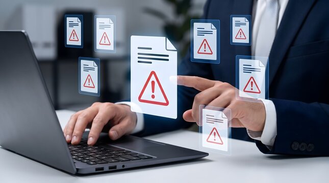 Businessman interacting with digital documents showing warning alerts on a virtual interface data security concept