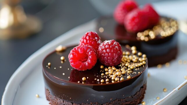 Delicious chocolate dessert topped with fresh raspberries and golden beads on a white plate against a blurred background