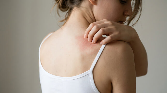 Allergic skin reaction on woman back, red rash and irritation on shoulder, female patient scratching itchy skin inflammation, dermatology and healthcare concept