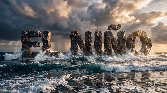 El Ni&ntilde;o's powerful force depicted as colossal stone letters emerging from a stormy sea. Waves crash around the monumental typography.