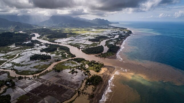 Aerial view of a wide river delta meeting the sea, with floodwaters inundating surrounding land and creating muddy brown patches in the ocean. The landscape is a mix of water, land.