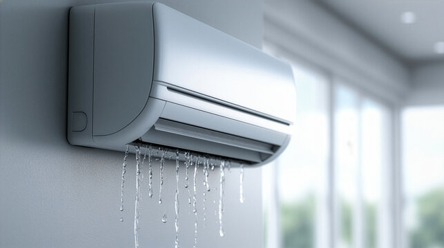 close-up of a modern wall-mounted air conditioner leaking water droplets indoors