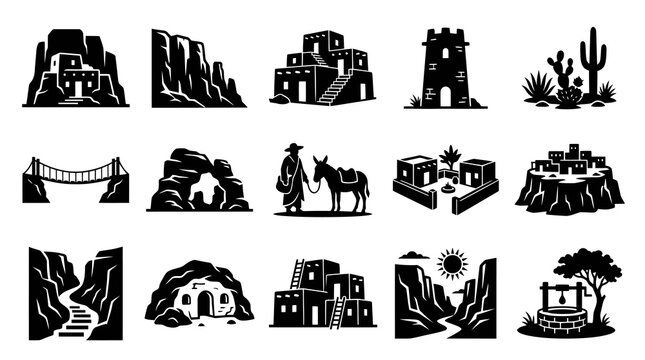 Southwest Desert Landscape and Culture Glyph Icons - Native American Architecture, Canyons, Deserts Elements