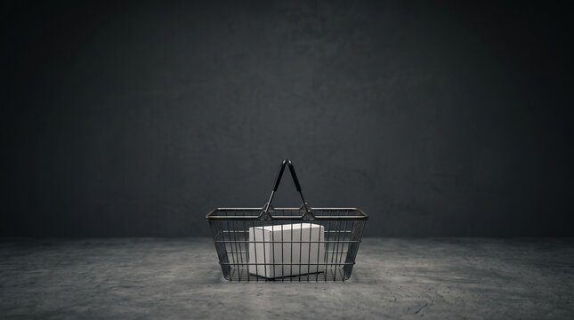 A simple metal shopping basket holds one roll of toilet paper, symbolizing scarcity and essential consumer needs in uncertain economic times