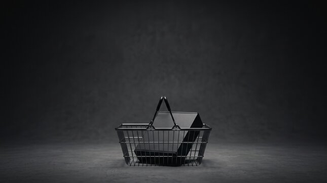Empty dark shopping basket on a minimalist dark background, evoking themes of economic decline, retail struggles, and the quiet absence of consumer activity or goods