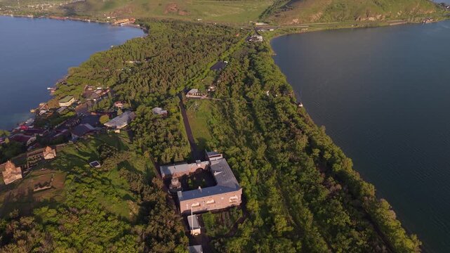 Aerial view of Sevanavank monastery on Lake Sevan, Armenia.