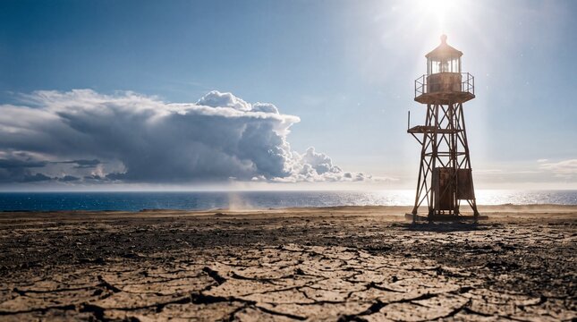 A solitary lighthouse stands on a parched, cracked landscape under a dramatic sky with sunrays shining. The ocean is visible in the distance, reflecting the bright sunlight.