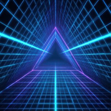 Neon grid tunnel leading to glowing triangle portal with blue and pink light during digital metaverse exploration