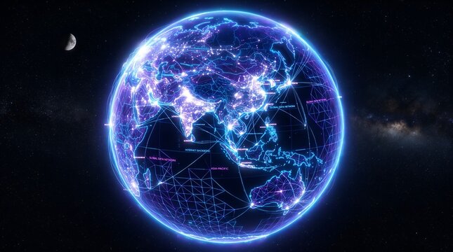 Futuristic digital earth globe with glowing data networks, blue planet with fiber optic connections, global communication and technology concept