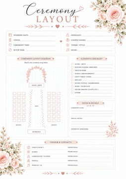 Elegant wedding ceremony layout template with floral decorations, checklist, diagram, and contacts. Perfect for planning and organizing ceremonies, in a soft blush and gold color scheme.