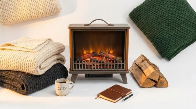 Cozy electric fireplace with blankets and firewood logs.