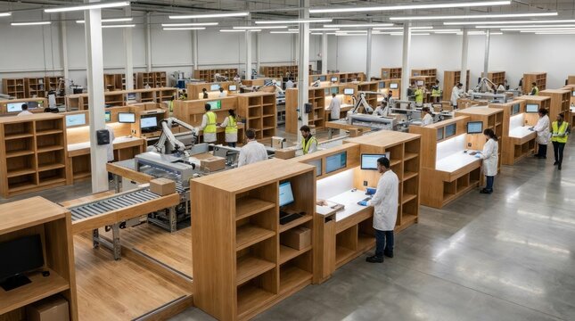 Workers in modern fulfillment center warehouse