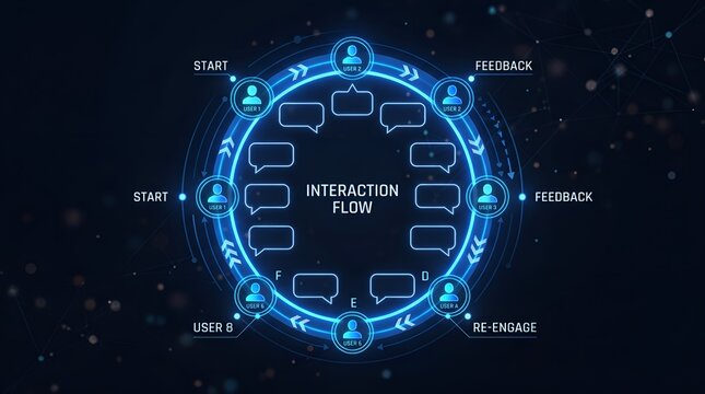 Interaction flow digital diagram, blue glowing user experience interface, customer journey map with feedback and re-engage labels on dark background