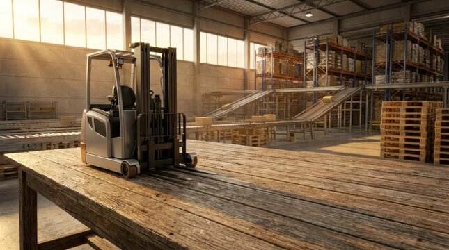 Warehouse interior with forklift and wooden flooring.