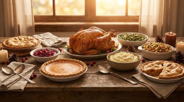 Thanksgiving turkey feast on rustic wooden table with pies.