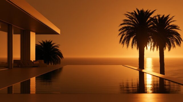 Luxury modern villa with infinity pool overlooking ocean at sunset with palm trees
