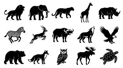 Obraz premium Wildlife Safari Animals Vector Icons Set. Nature Wild Animal Silhouettes Collection. Black and White Glyphs