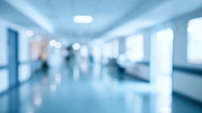 Blurred hospital corridor with blue tones and reflective floor