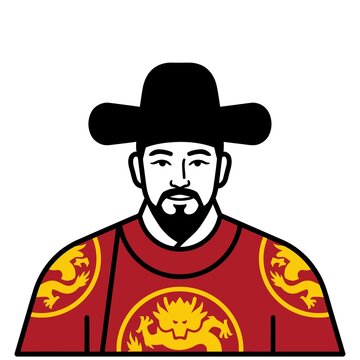 Illustration of a joseon dynasty korean king wearing a traditional royal red robe with dragon embroidery and a black gat hat isolated on white background