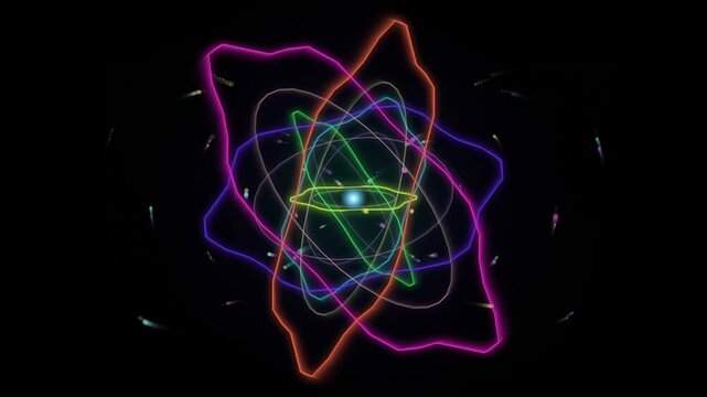 Neon glowing atom model with colorful orbiting rings and particles on black background science physics quantum energy orbit molecule electron nucleus chemistry glow animation motion graphics digital