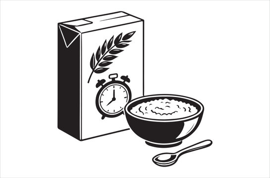 Cereal box alarm clock and bowl with spoon silhouette on white background