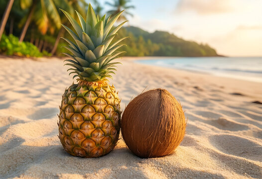 Tropical vacation and summer travel concept, fresh pineapple and coconut on a sandy beach with palm trees and ocean waves at sunset in paradise