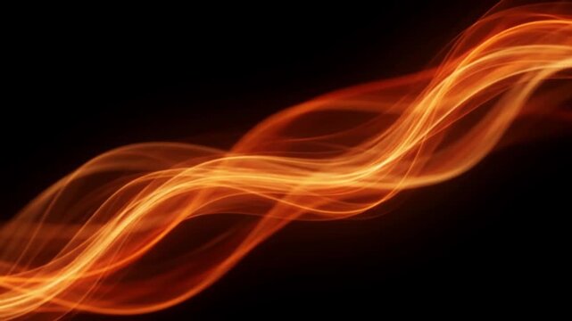 Abstract flowing orange light waves on black background