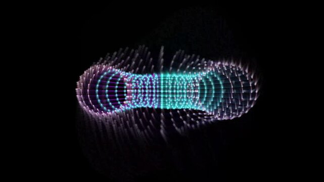 Abstract glowing torus wireframe deformation motion graphic animation against black background nodes mesh cyber technology science digital particles grid neon purple cyan blue looping seamless loop 3d