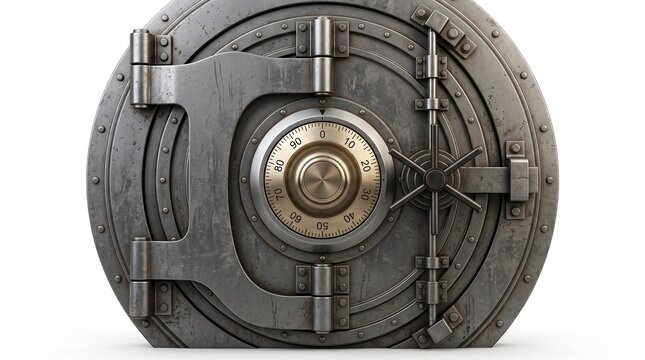 Close up of a heavy duty vintage bank vault door with a combination lock and wheel handle
