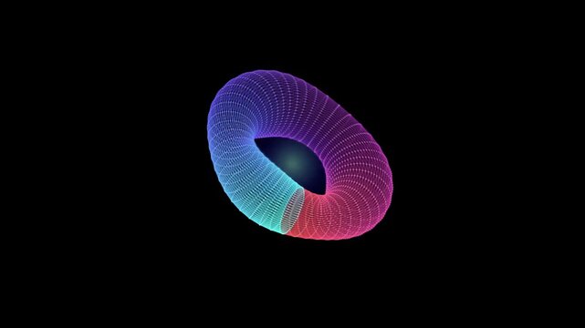 Rotating toroidal wireframe graphic animation with glowing multicolored spectrum dots on black torus 3d rotation mesh geometry abstract shape gradient rainbow neon cyber digital technology science
