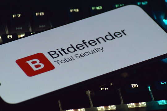 On a mobile phone screen logo BitDefender Corp global computer security software company.