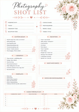 Elegant wedding photography shot list template with floral design, checkboxes, and sections for portraits, ceremony, reception, and notes. Perfect for photographers and event planning.