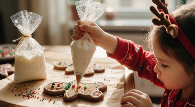 Child decorating gingerbread cookies with icing bags for a festive Christmas baking scene, captured in warm, soft light.