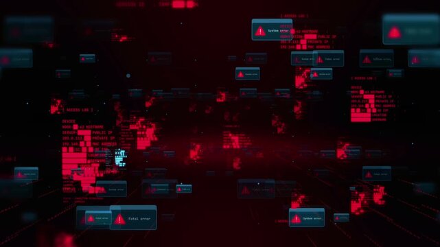 Error computer glitchy matrix background with floating red windows and neon lights. Suitable for technology and digital design projects.